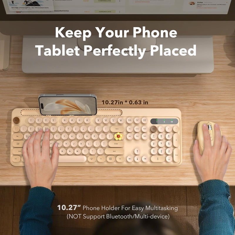 Trueque Wireless Keyboard and Mouse Combo, Retro Round Keycaps, Cute Full-Size Typewriter Keyboard with Phone Holder, Sleep Mode, 2.4GHz Cordless Connection for Windows/PC/Laptop (Milk-Tea Colorful) - Image 2